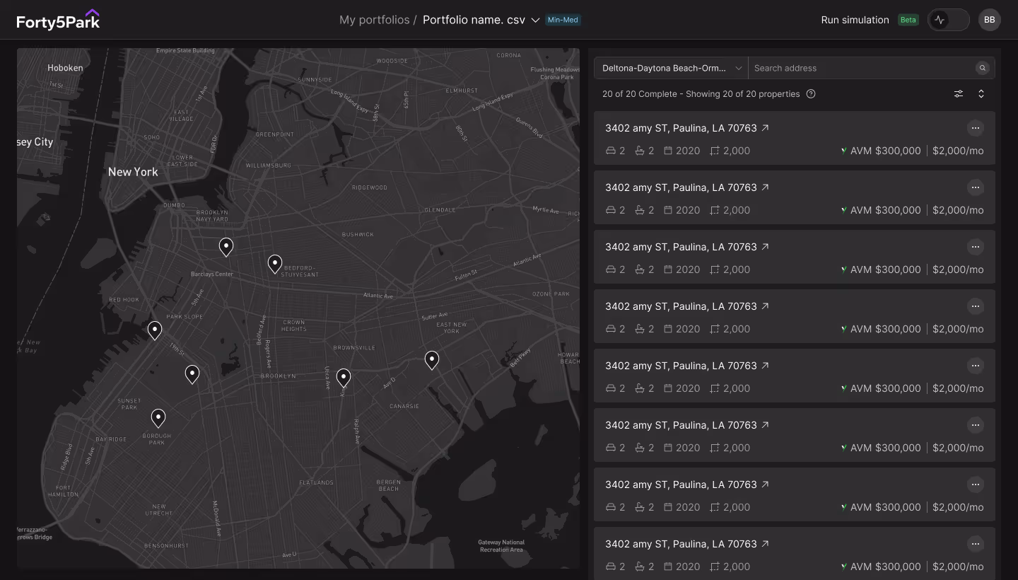 Forty5Park platform interface showing real estate underwriting dashboard with maps, charts and portfolio data