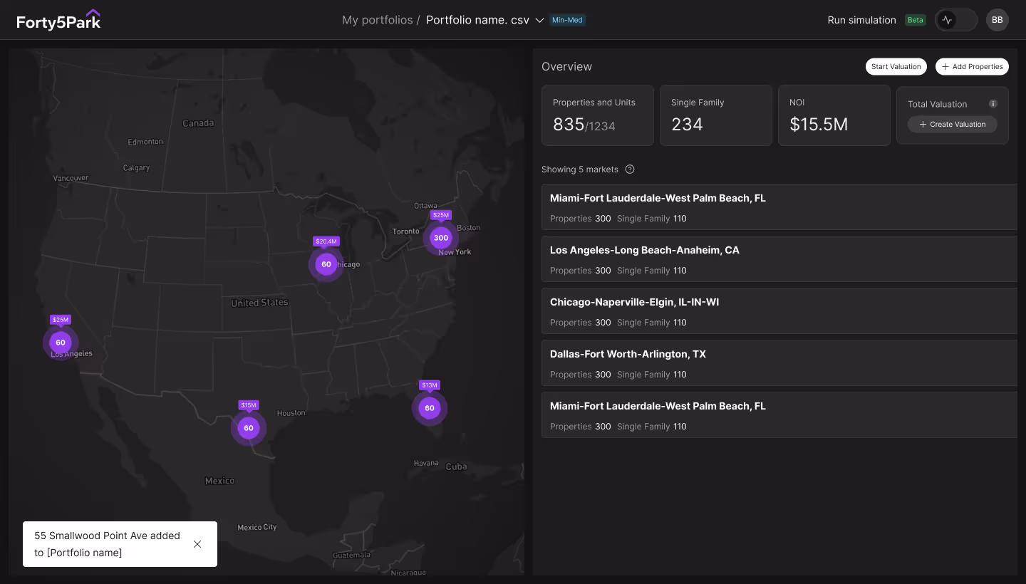 Forty5Park platform animation screen showing US map with property locations and portfolio data overview