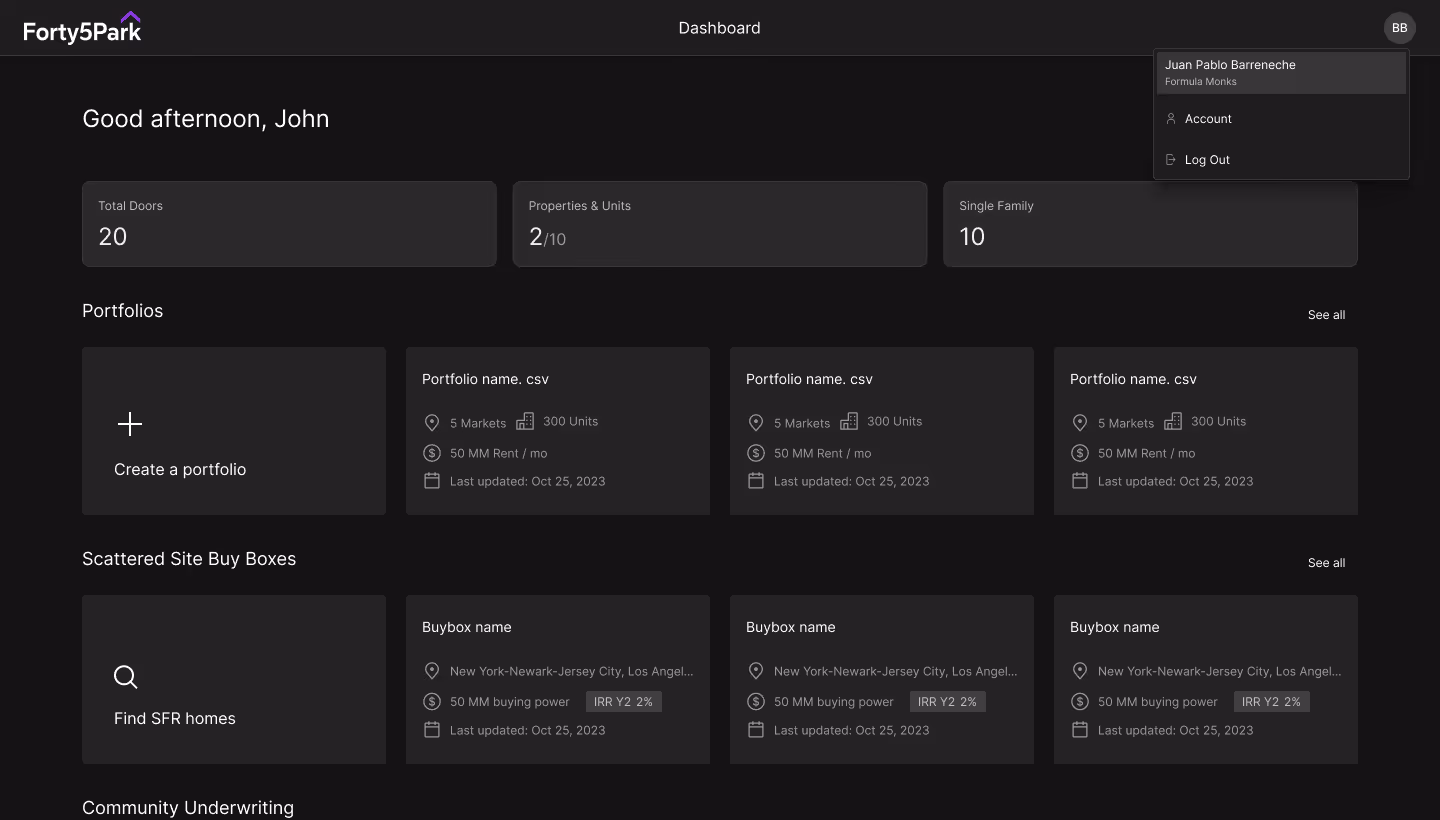 Forty5Park main dashboard showing user portfolios, property metrics, and real estate underwriting overview