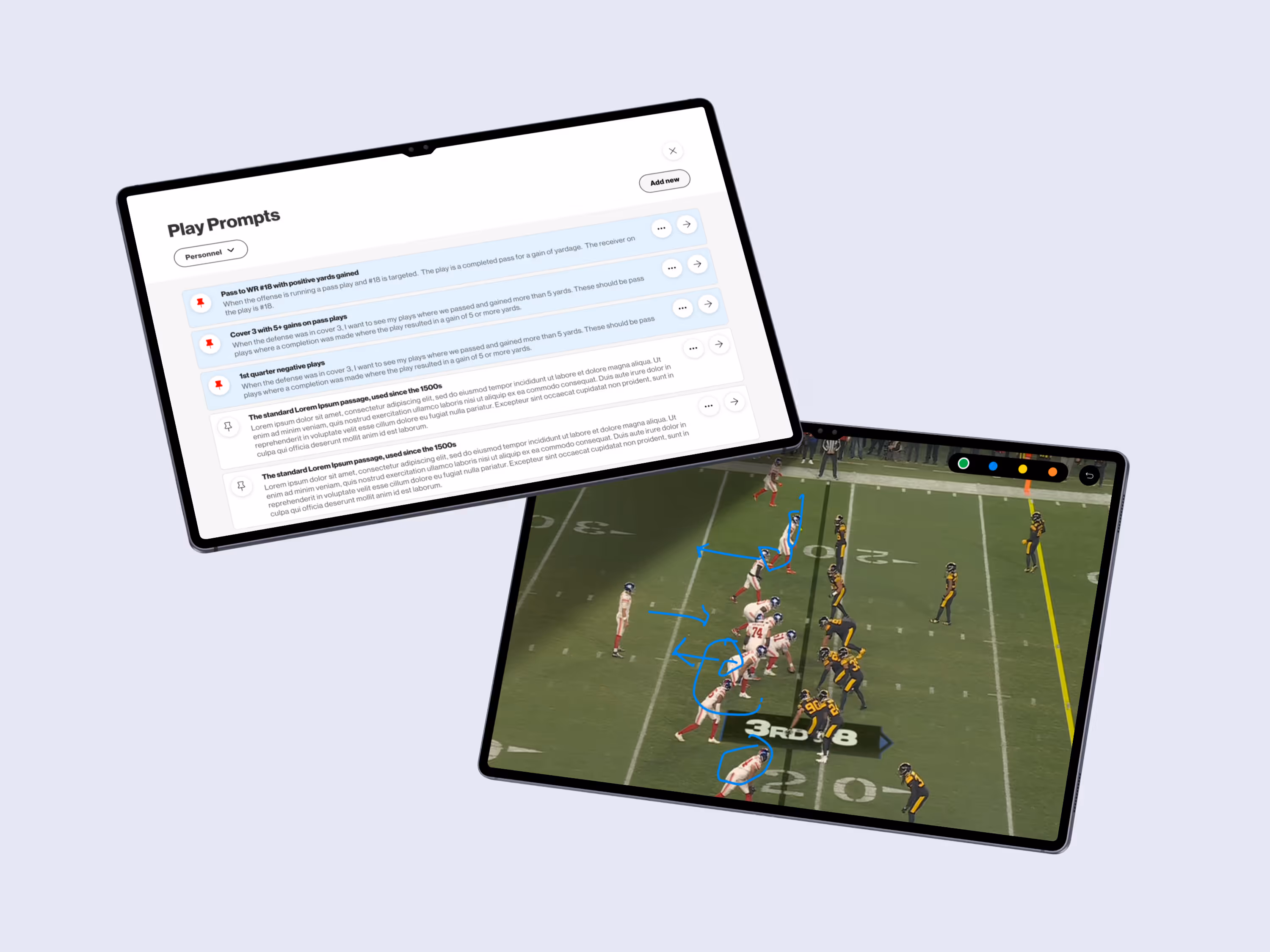 Verizon app mockup on tablets showing football play analysis with tactical overlays and play-by-play list