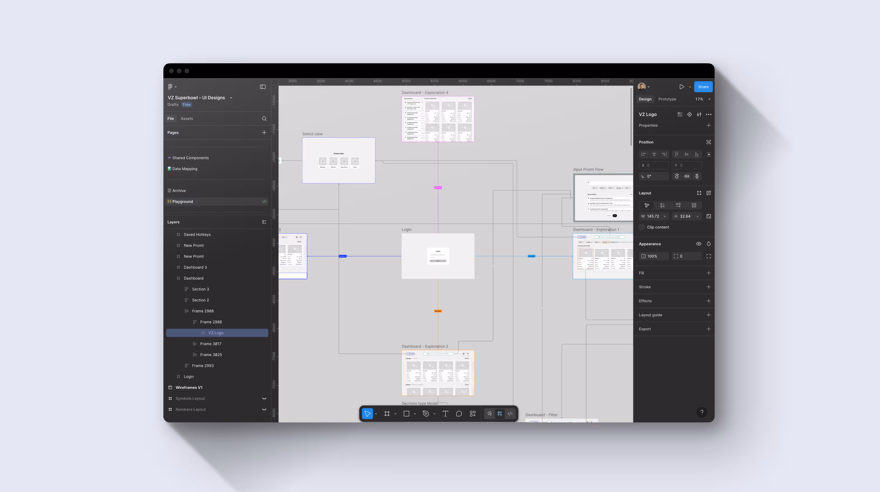 Figma design workflow for Verizon project showing connected screens and user flow diagram