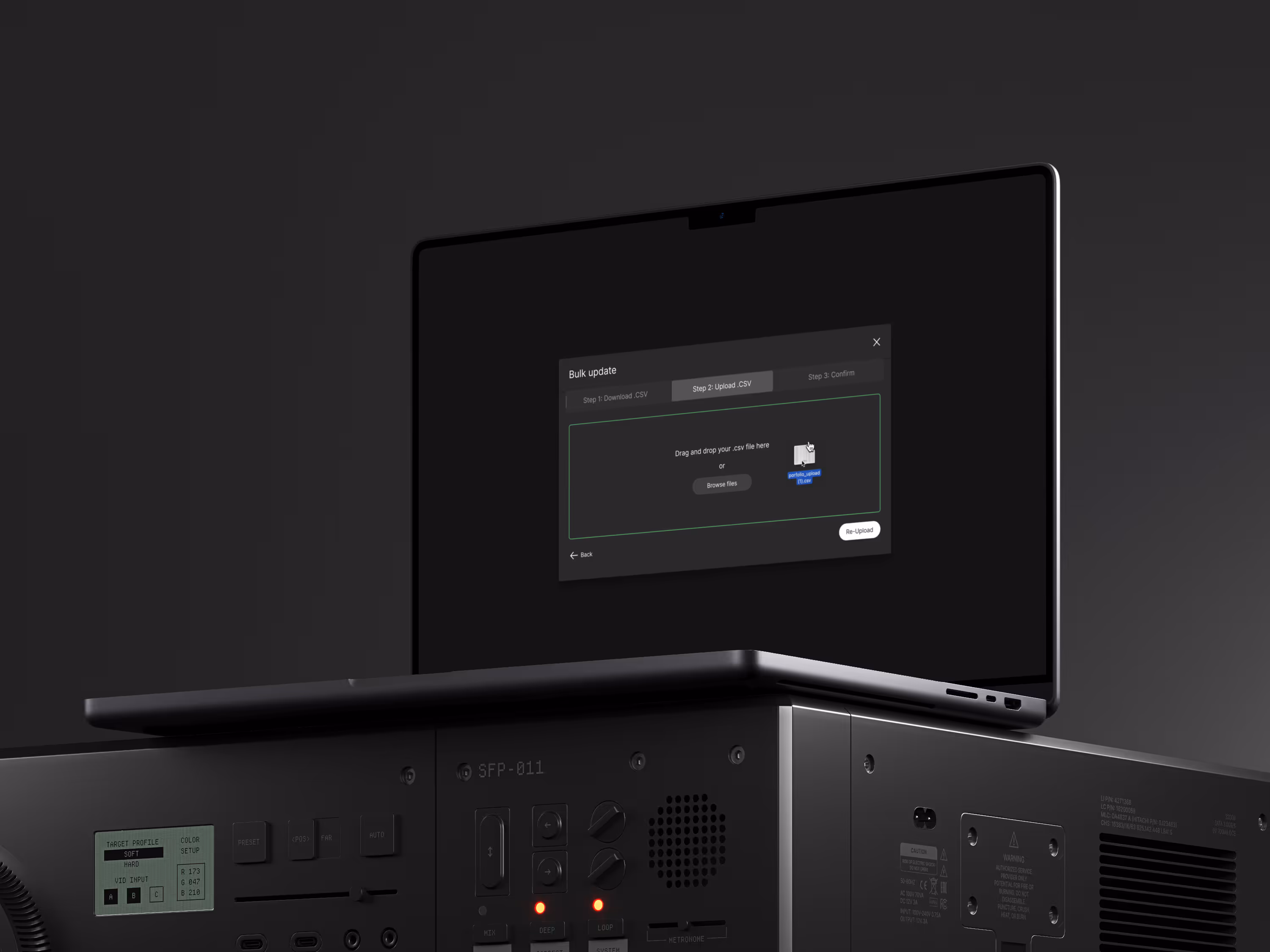 Forty5Park platform mockup on laptop showing dark mode login screen placed over server hardware