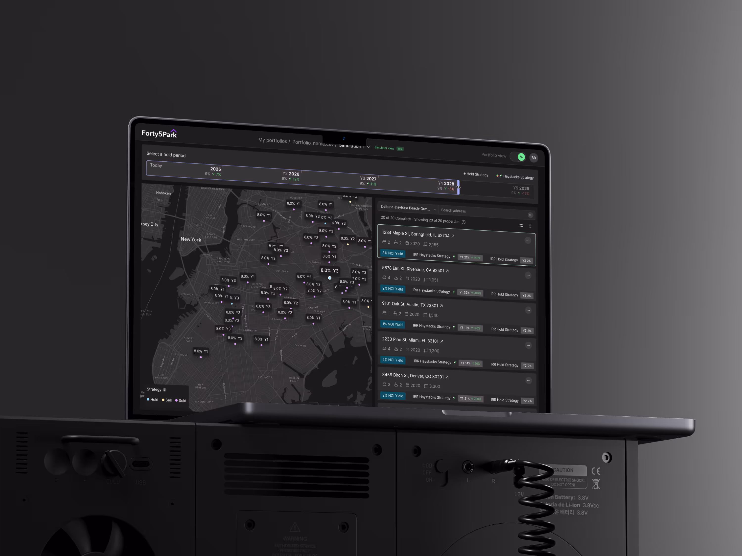Forty5Park platform mockup on laptop showing urban map with property markers and data panel