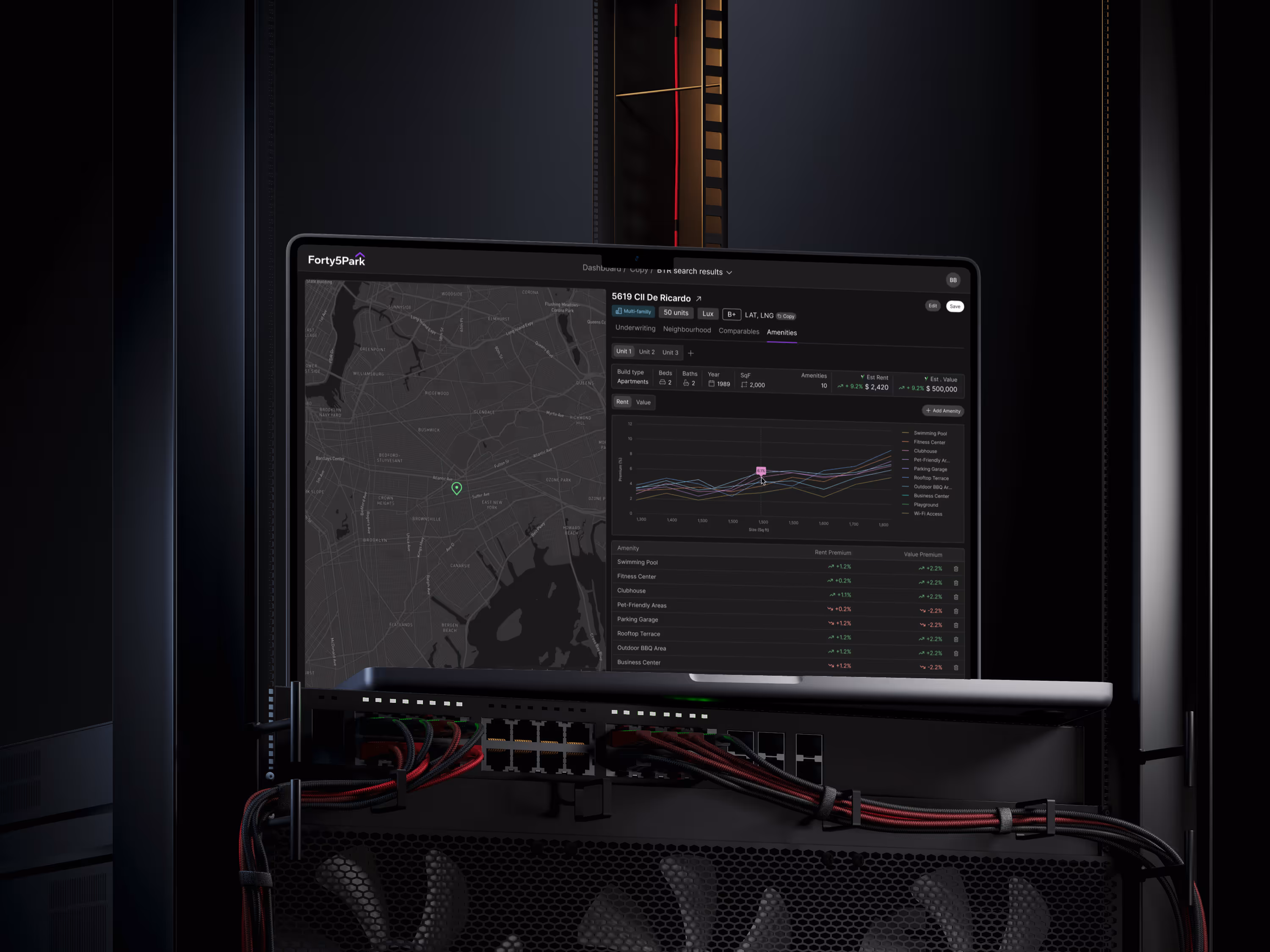 Forty5Park platform mockup on laptop inside server room showing map and real estate data visualization