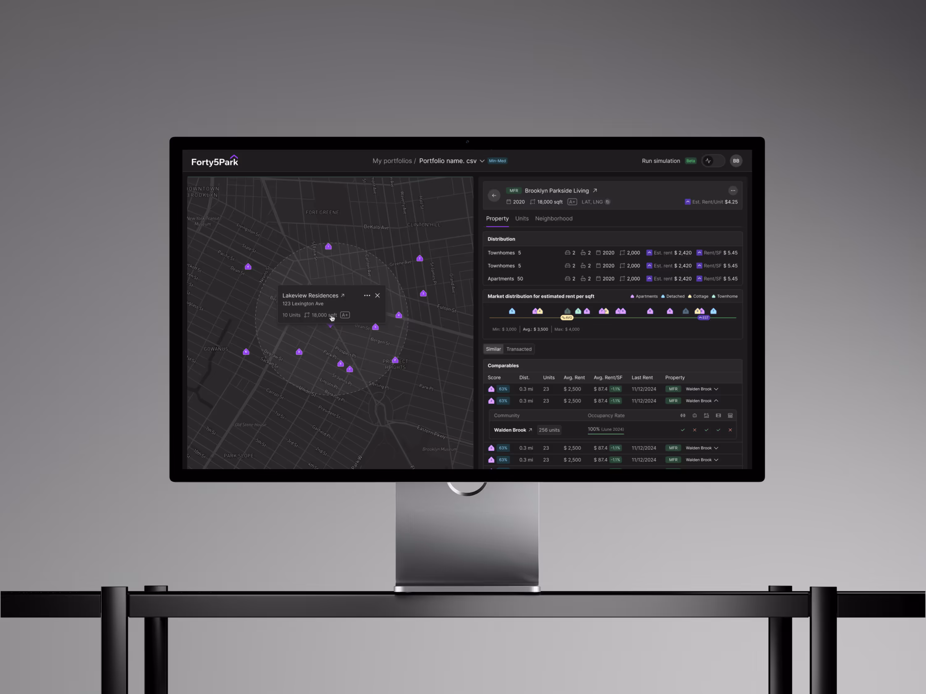 Forty5Park platform dashboard mockup on desktop screen showing interactive map and real estate analytics