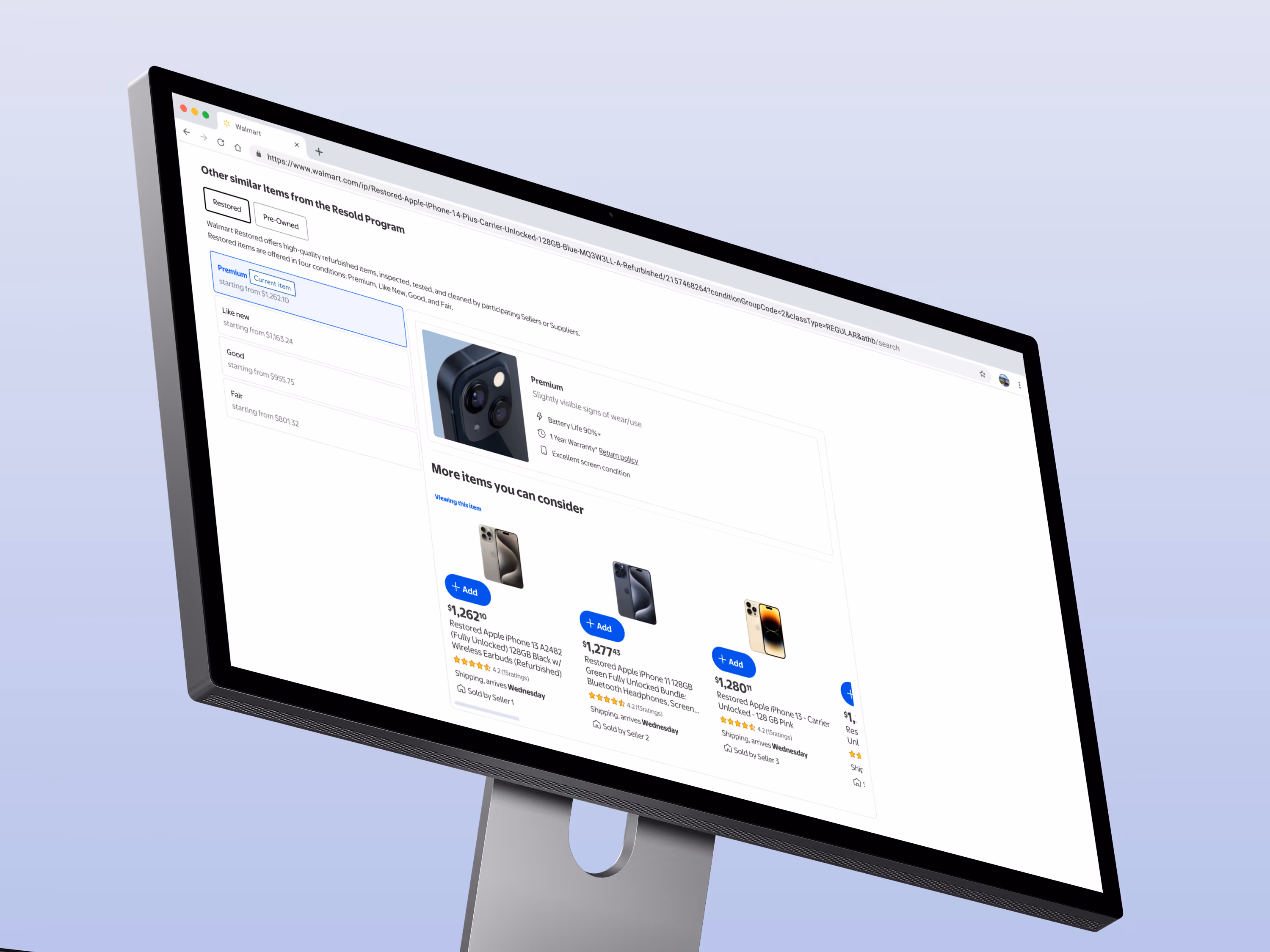 Walmart desktop website mockup showing smartphone product detail page with pricing and buying options