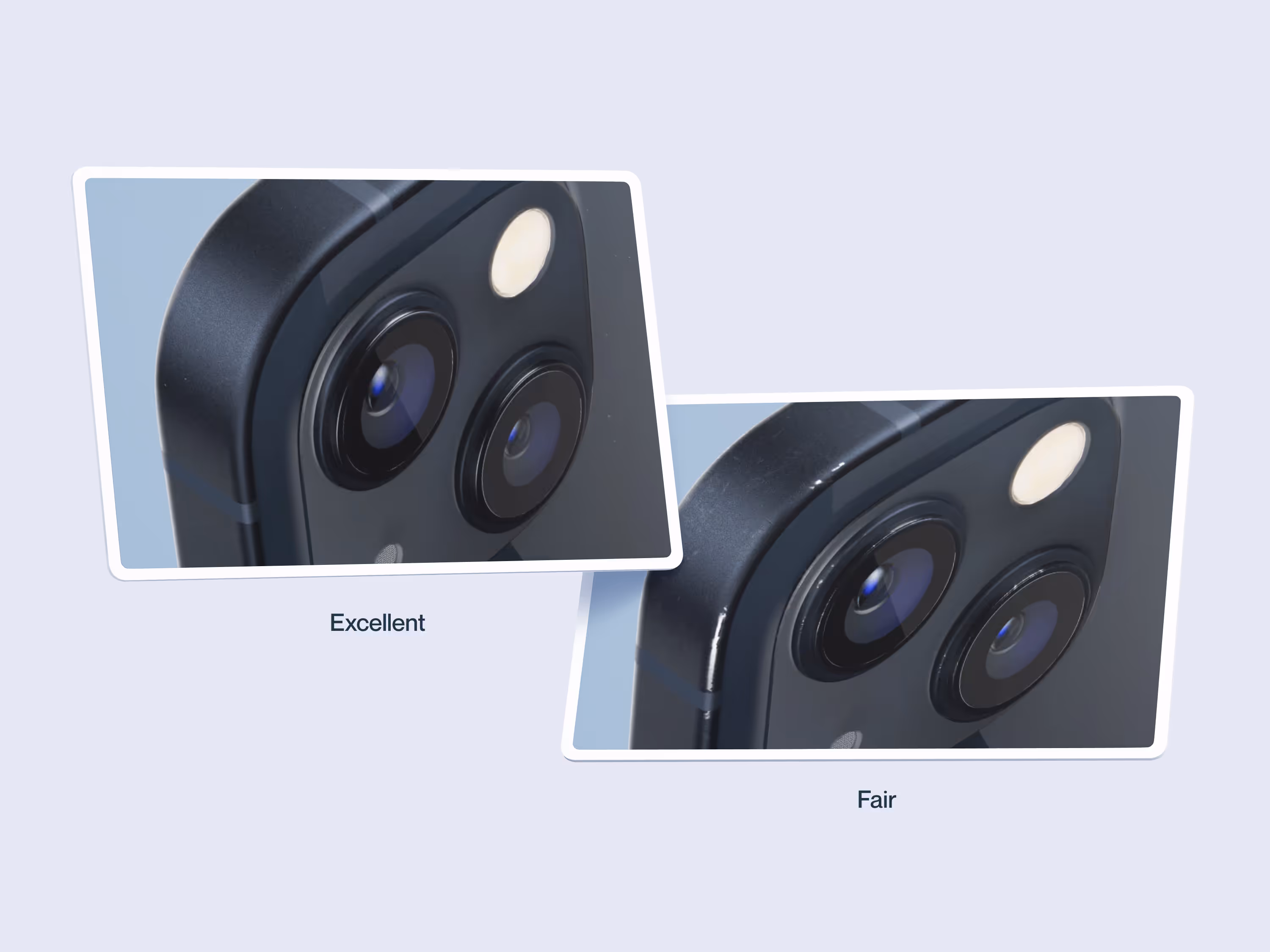 Close-up comparison of smartphone cameras showing Excellent versus Fair product condition