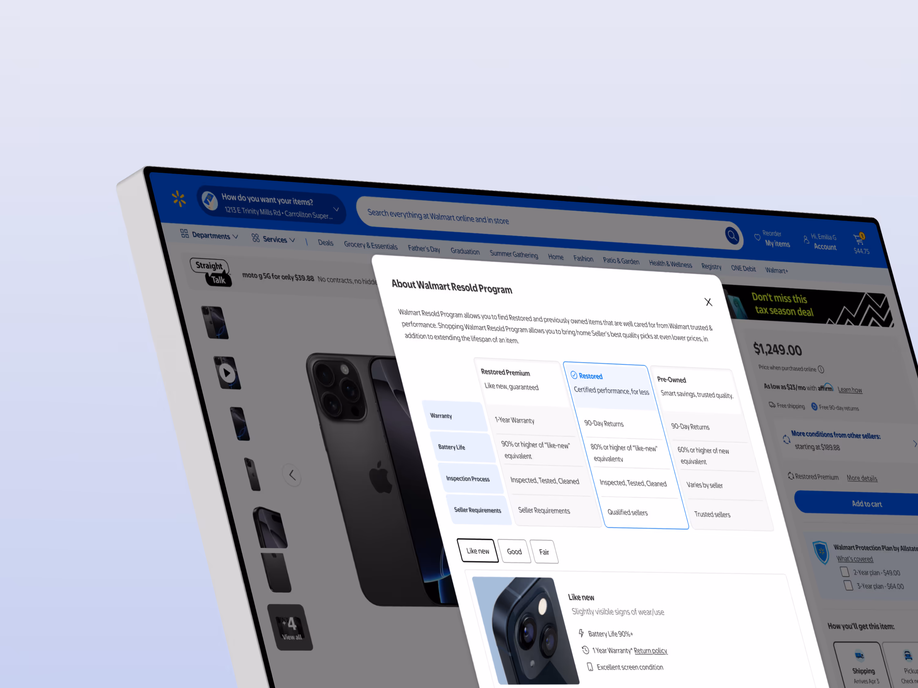Walmart desktop website mockup showing product detail page with condition selector popup for smartphones