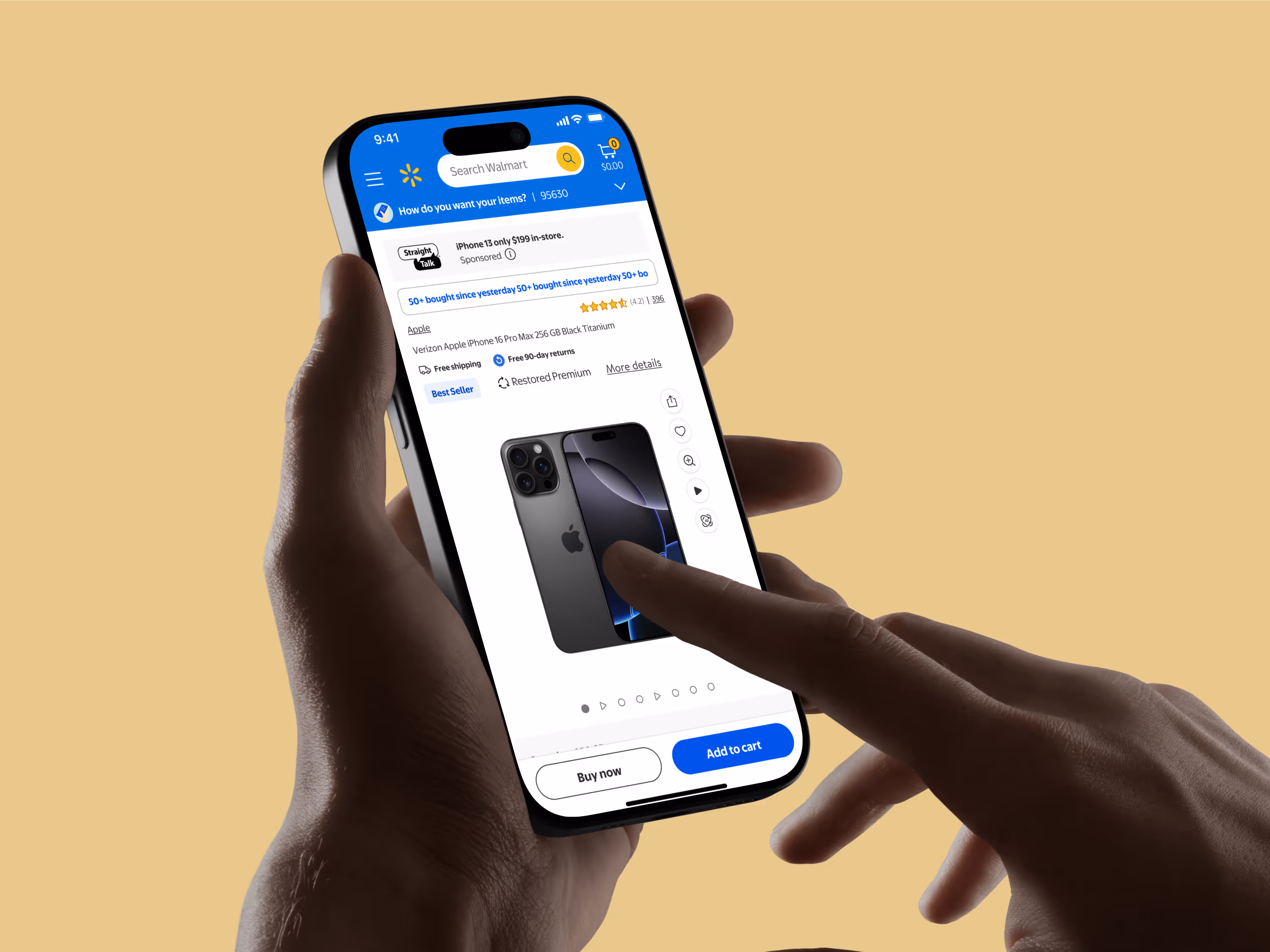 Walmart mobile app mockup in hand showing smartphone product detail screen