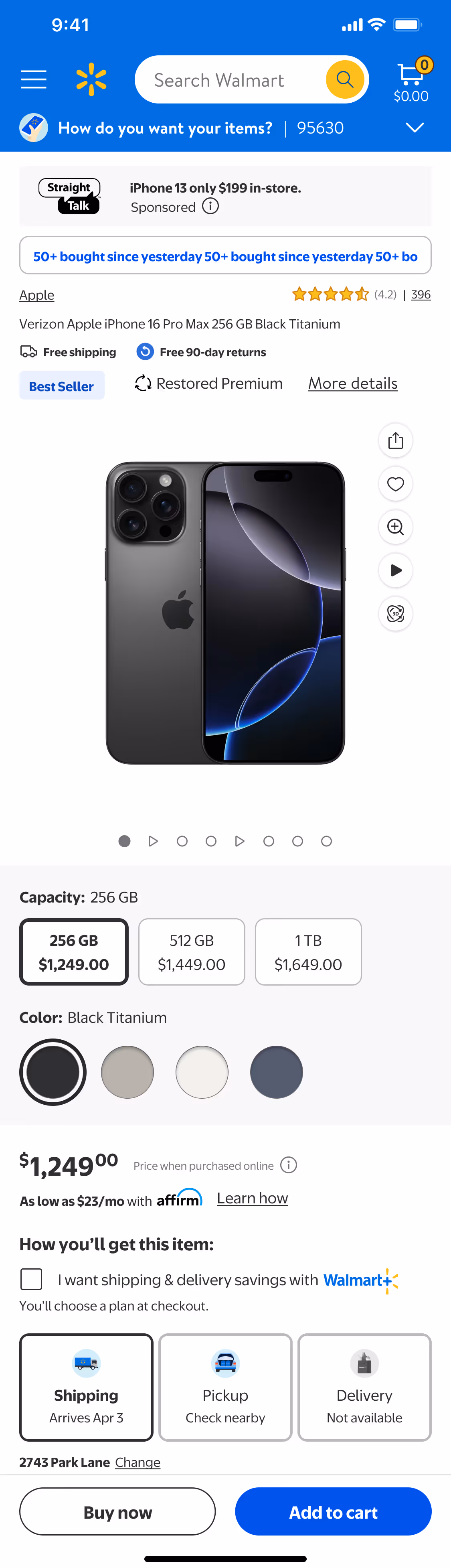 Walmart mobile app product detail screen showing smartphone description, price and purchase options