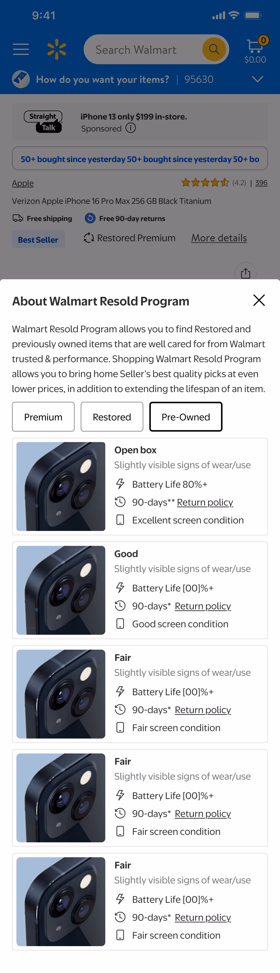 Walmart mobile app product listing screen showing multiple smartphone models and prices