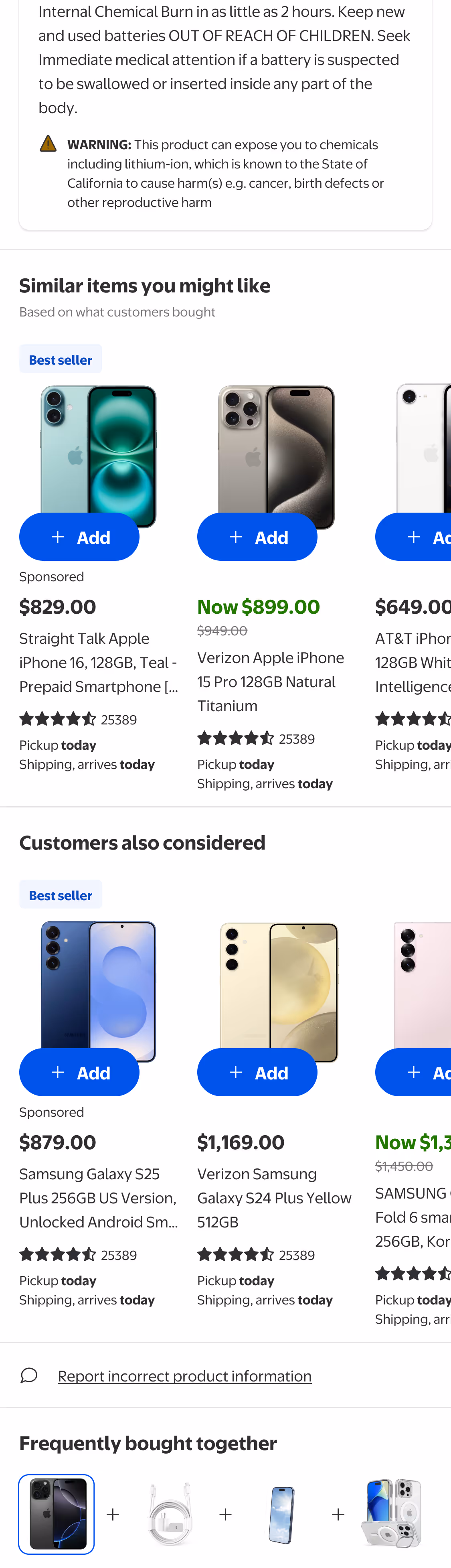 Walmart mobile app screen showing add-on services and protection plans for smartphones