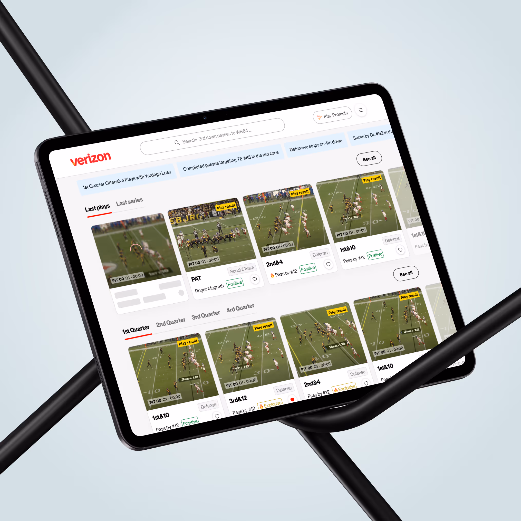 Verizon project thumbnail showing tablet app with football game insights and play analysis