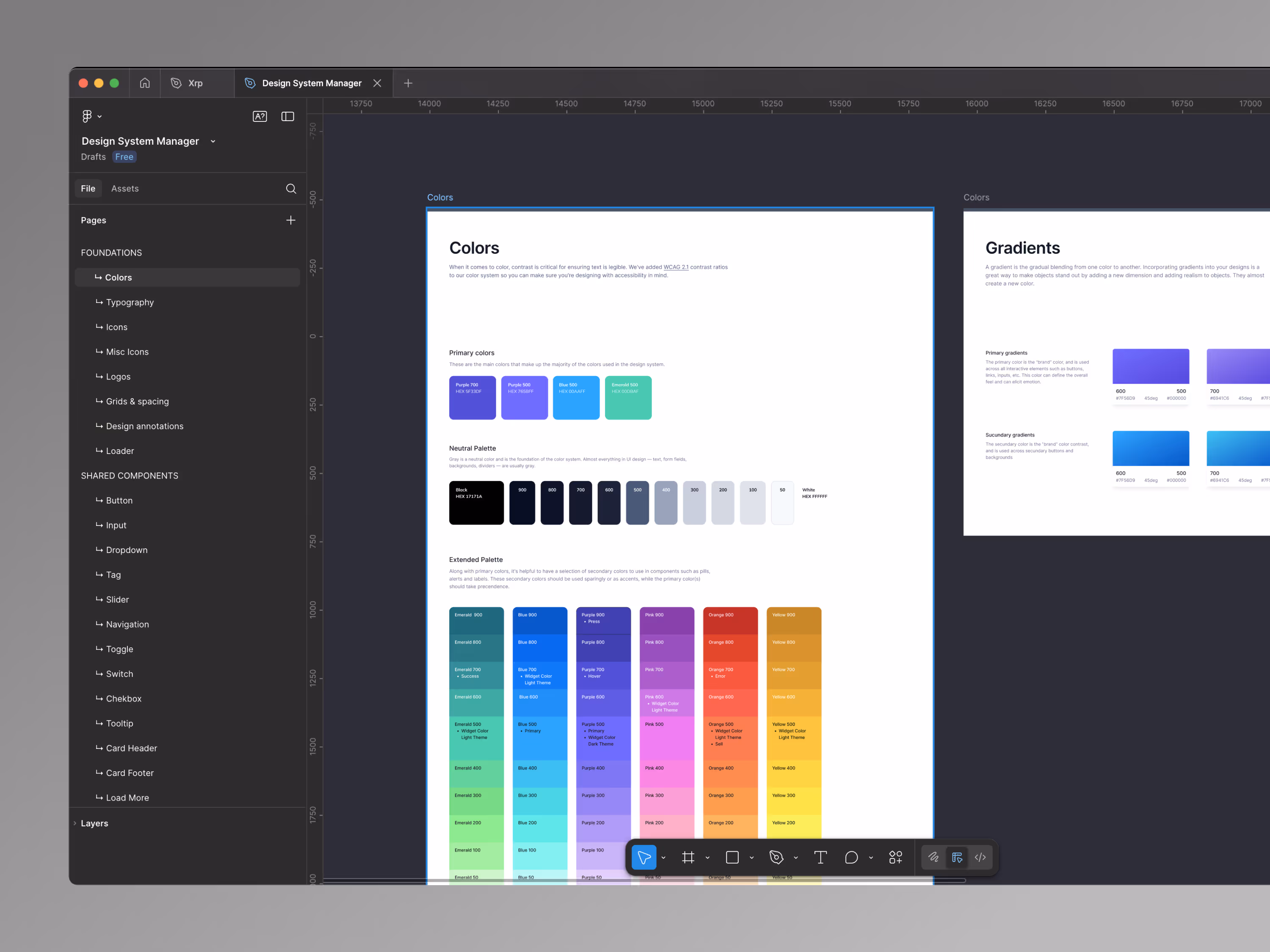 Nuant design system mockup showing color palette and gradient styles