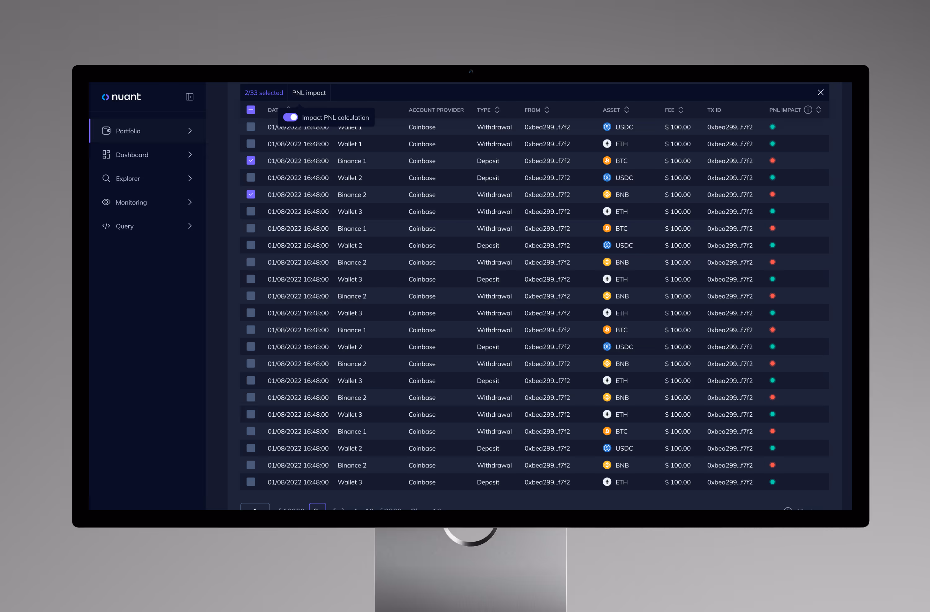 Nuant app mockup on a desktop monitor showing dark mode data table with rows and columns
