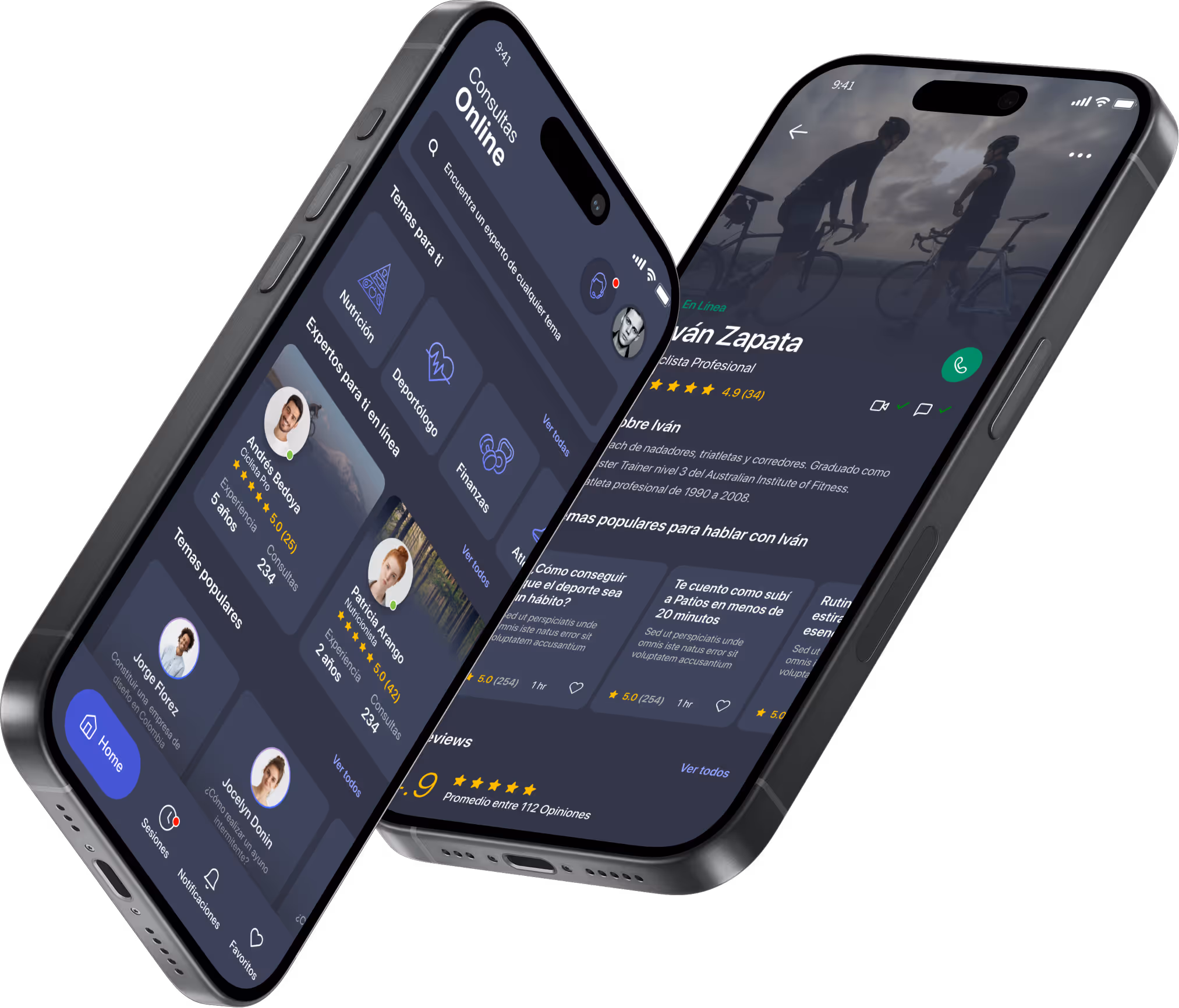 3D mockup of two smartphones displaying the MyGuru fitness and coaching app interface.