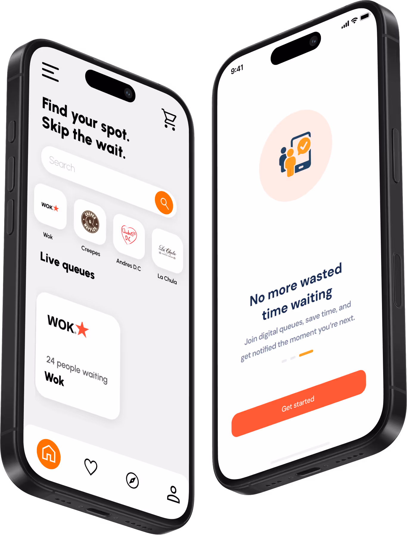 Skiply mobile app mockup on two smartphones showing digital queue management and wait time features