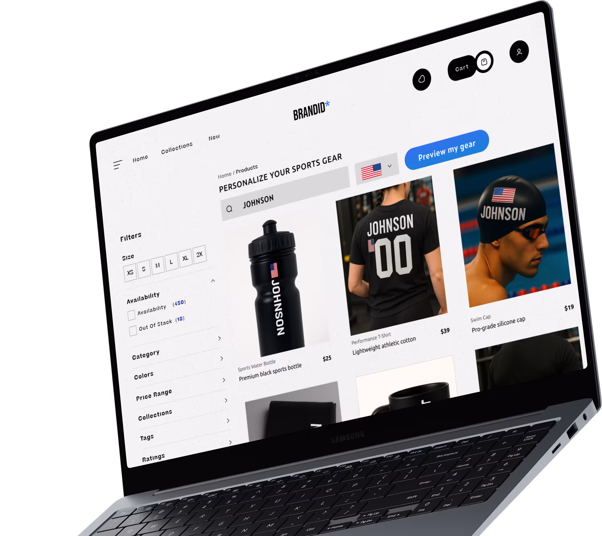 BrandID web mockup showing customizable sports gear with personalized names and numbers on bottles and jerseys