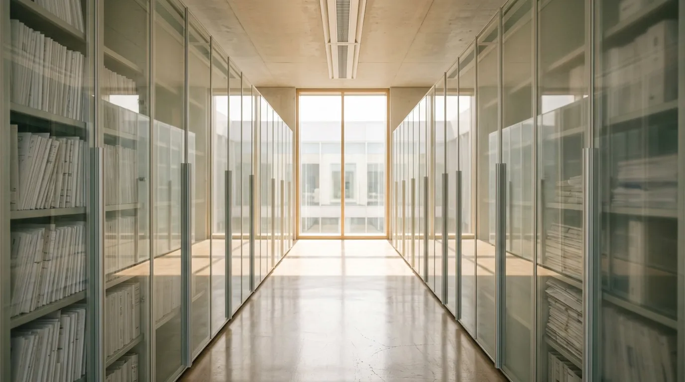 Hallway in a bright data archive with data cabinets on both sides