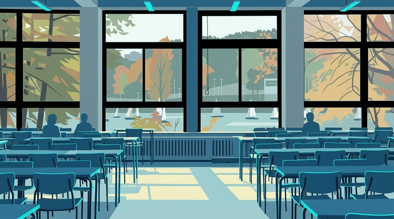 Empty classroom with large window to the lake