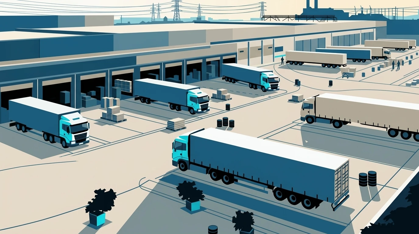 several trucks in a logistics center during loading
