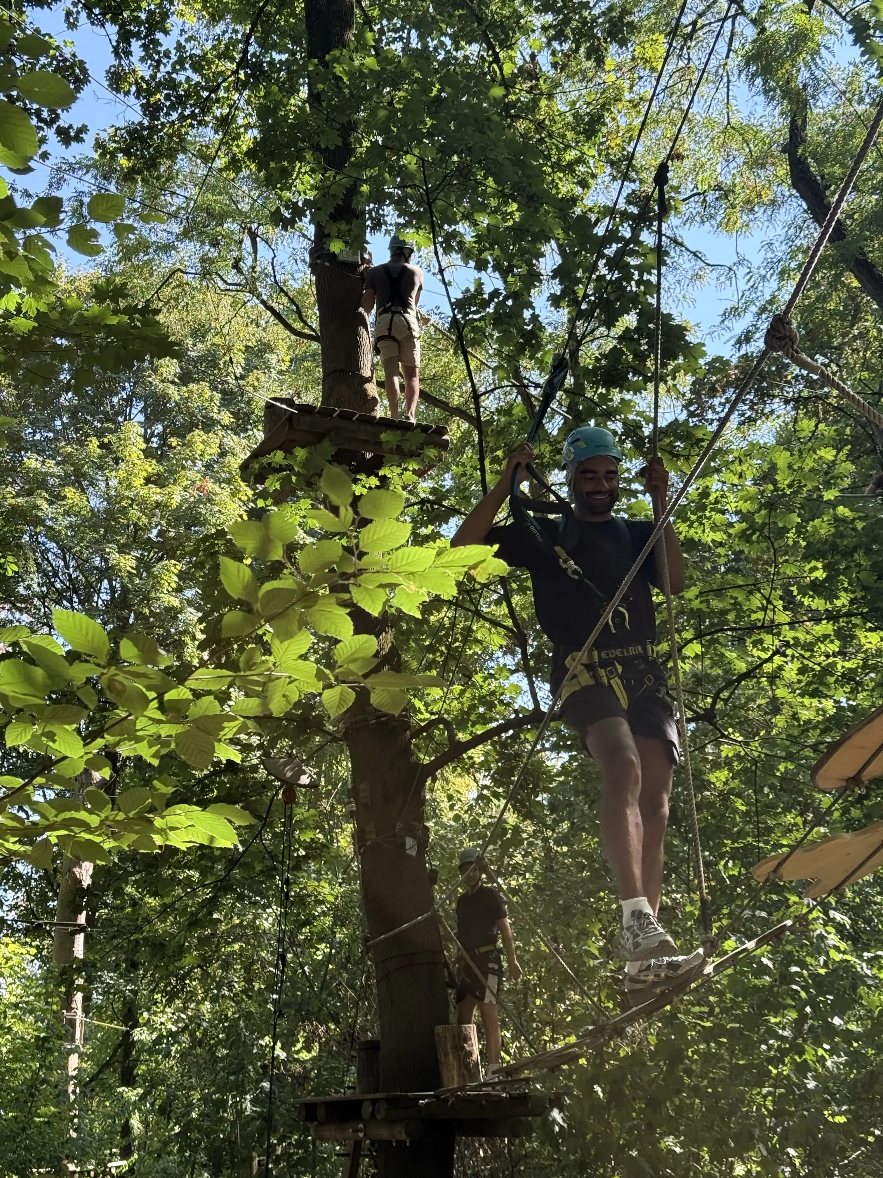 A person on an obstacle course at the Turmberg forest ropes park