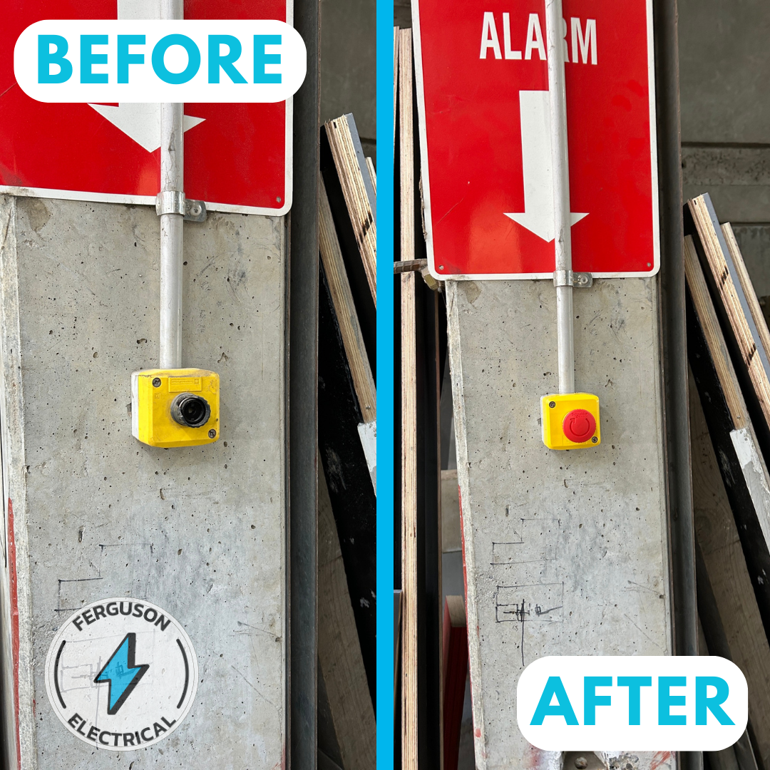 Before and after of emergency alarm button replacement on concrete pillar in Dandenong carpentry room.