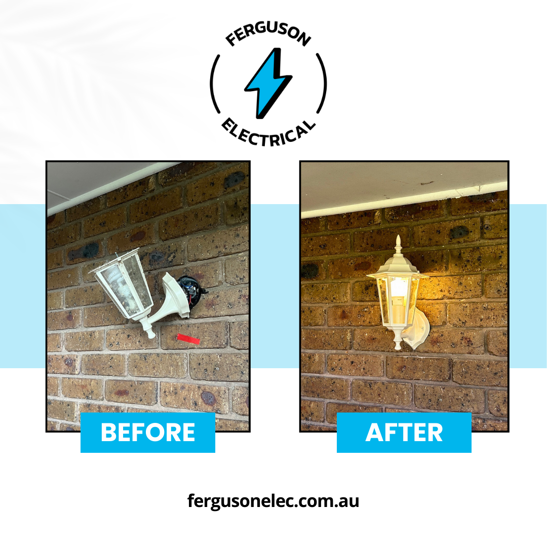 Before and after photo of exterior wall light replacement during a Chelsea Heights home electrical renovation