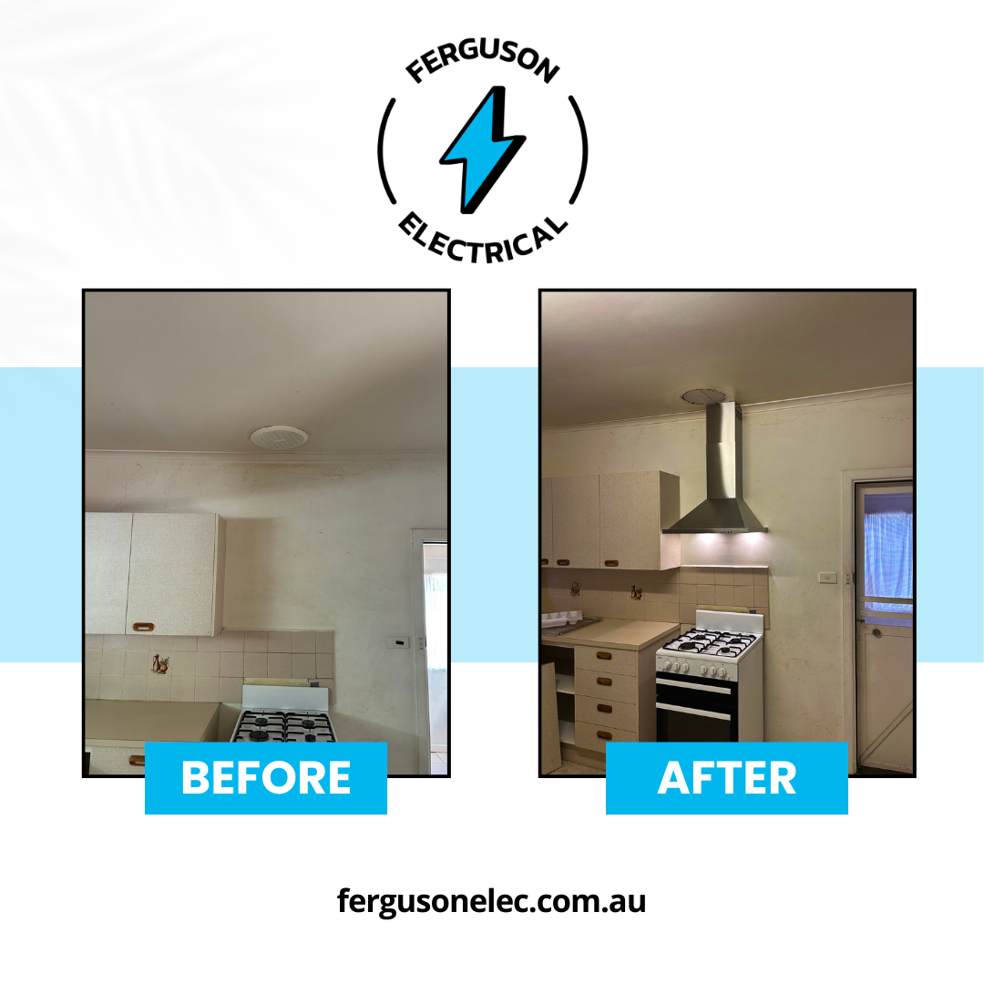 Before and after kitchen upgrade in Bonbeach rental property showing new rangehood installation by Ferguson Electrical