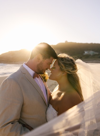 Matt and Amy Ferguson wedding photo on beach at sunset Melbourne