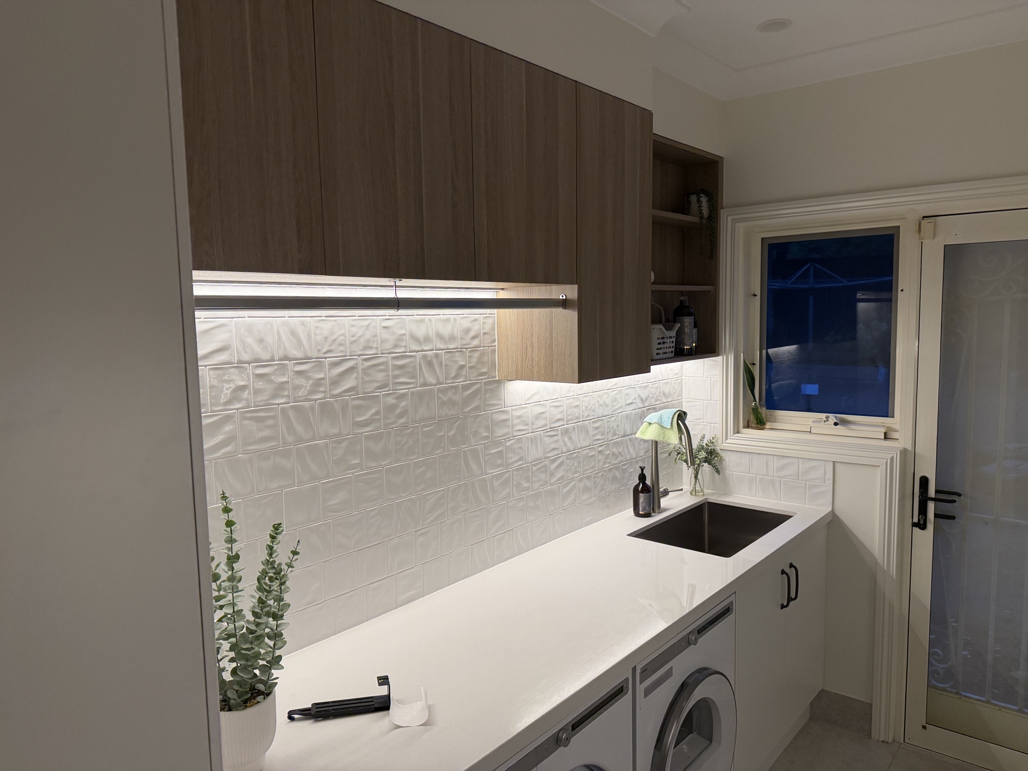 LED strip lighting installed under laundry cabinets in Lysterfield South improving task lighting and visibility