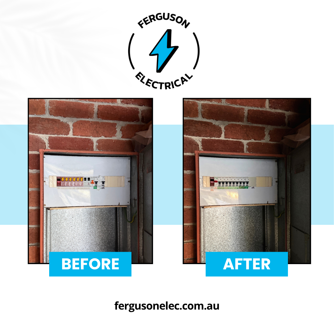 Before and after switchboard upgrade completed by Ferguson Electrical in Patterson Lakes, Victoria.