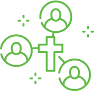 Green line art of a cross connected to three user icons representing a community or network with spiritual connection.