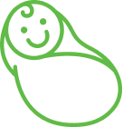 Simple green line drawing of a smiling baby wrapped in a swaddle.
