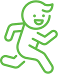 Green line art icon of a smiling child running.