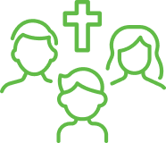 Green outline icon of three youths below a Christian cross.