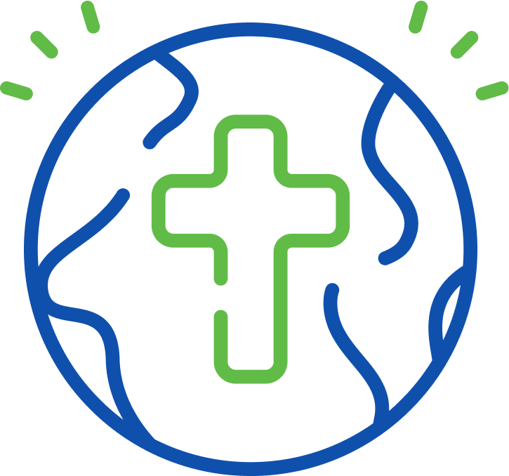 Blue outlined globe with green Christian cross in the center and green rays above it.