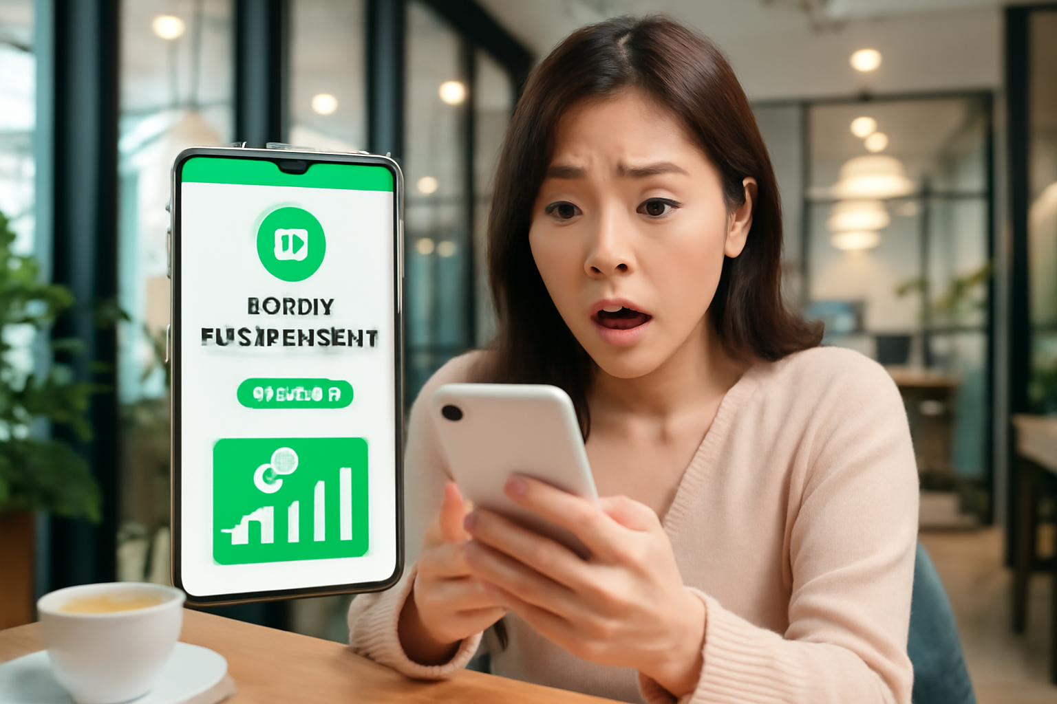 ภาพประกอบ หญิงสาววัย 28 ปีนั่งอยู่ที่ร้านกาแฟ ดูโทรศัพท์อย่างตกใจ เธอใช้แอพ AI จัดการการเงินที่ทันสมัย