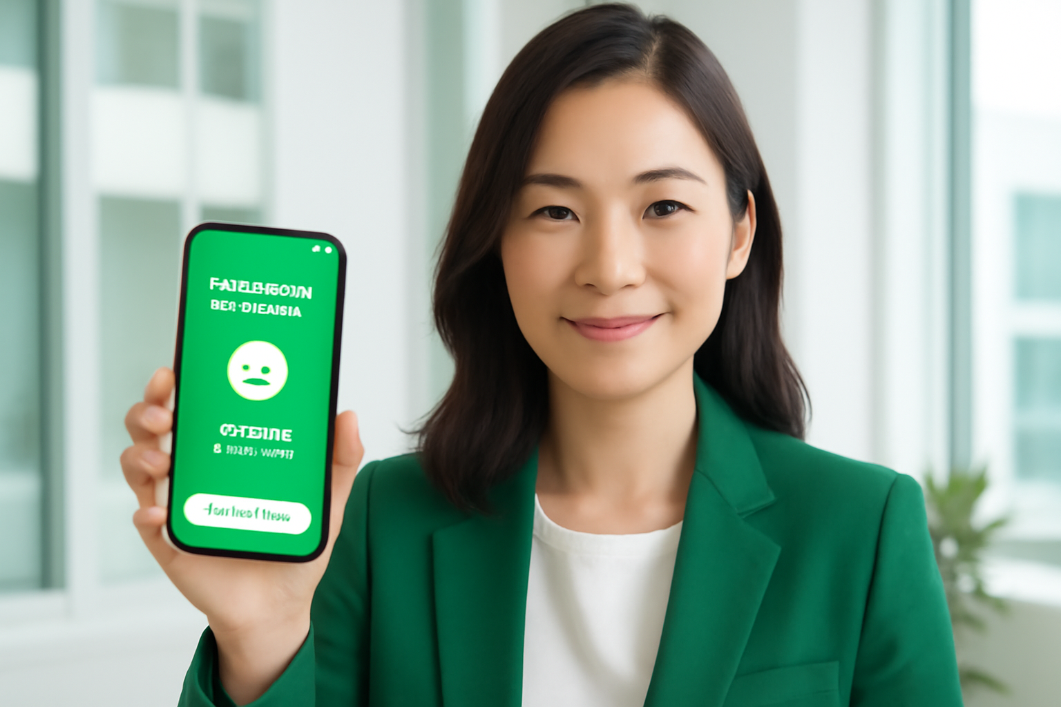 ภาพประกอบ ผู้หญิงมั่นใจถือโทรศัพท์ด้วยรอยยิ้มท้าทาย