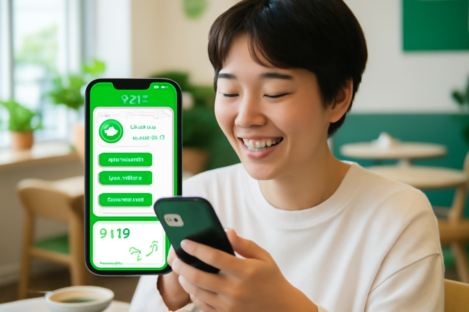 ภาพประกอบ ผู้ใช้พูดคุยกับผู้ช่วยการเงิน AI บนโทรศัพท์ในร้านกาแฟ