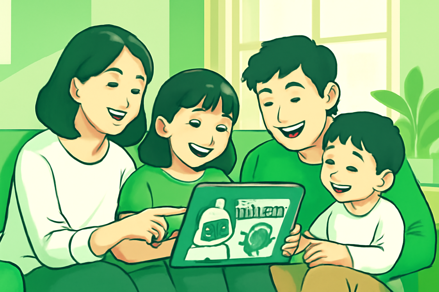 ภาพประกอบ ครอบครัวนั่งอยู่ด้วยกัน ใช้ผู้ช่วยการเงิน AI ในการวางแผนการเงิน