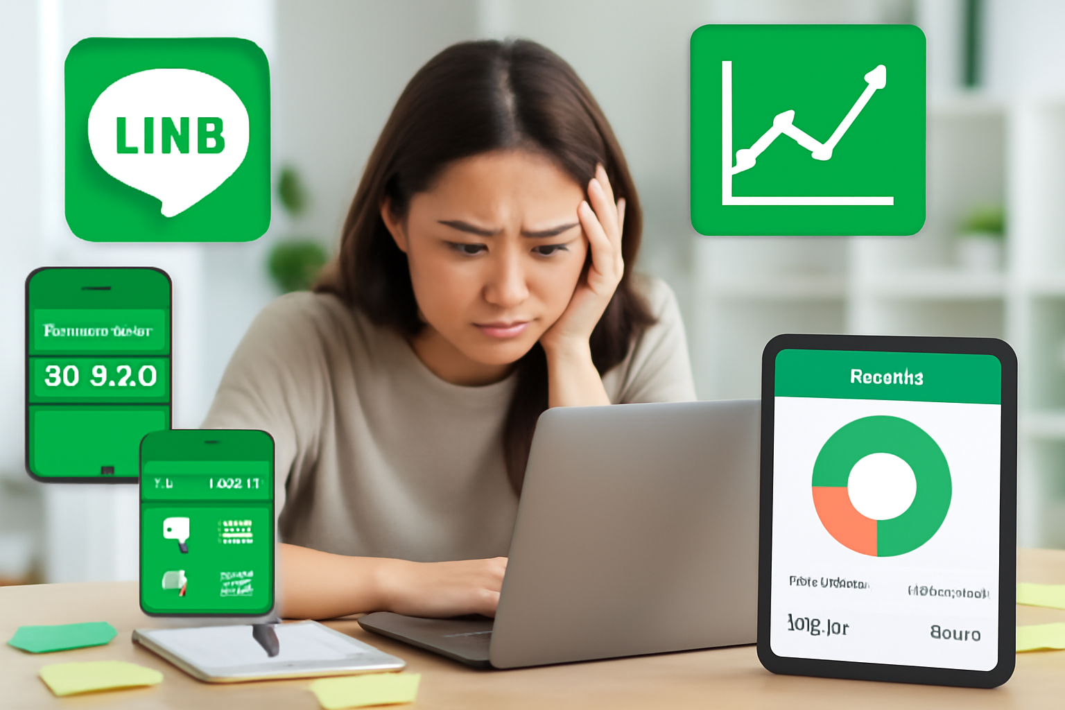 ภาพประกอบ ผู้หญิงที่ดูมีปัญหาในการจัดการการเงินนั่งอยู่ที่โต๊ะทำงาน