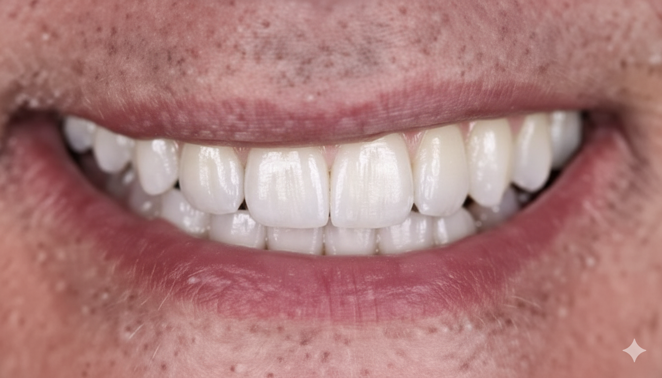 Close-up of a person's mouth showing clean, white teeth and slightly parted lips.
