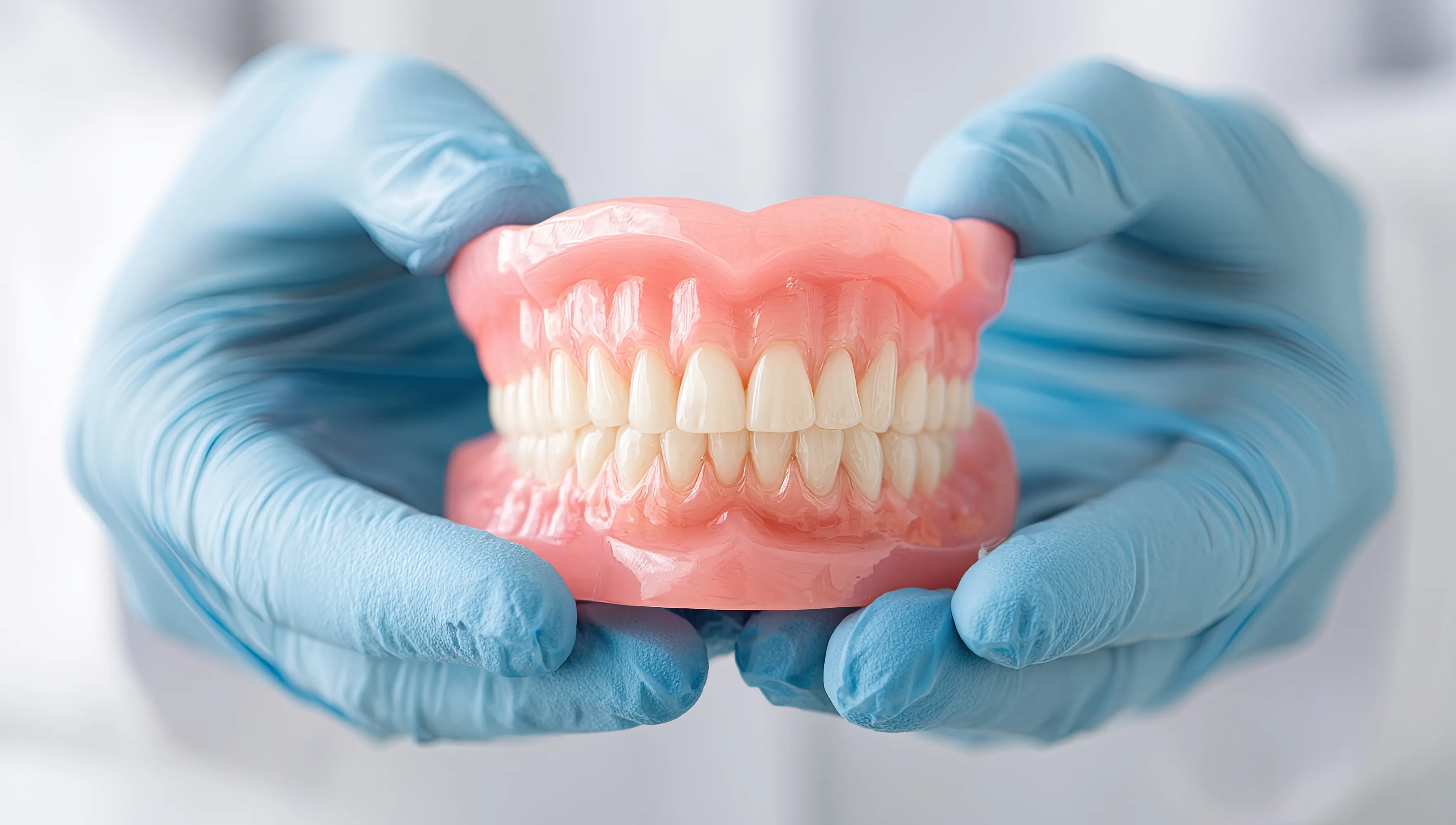 Dentist holding a full denture set in gloved hands