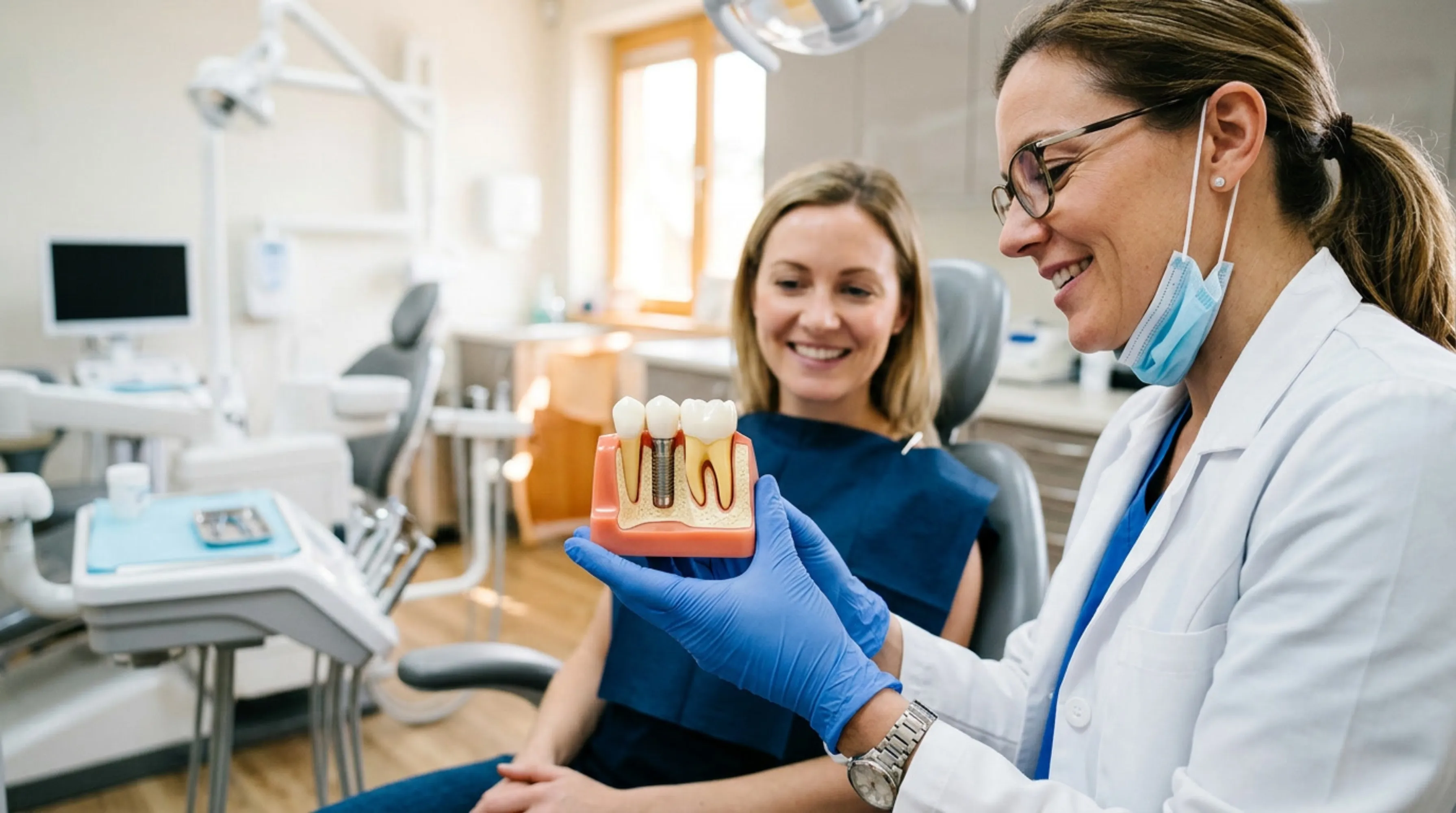 Dentist showing a patient an implant model during a consultation