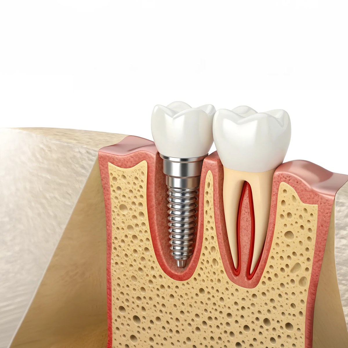 Cross-section illustration of a dental implant beside a natural tooth