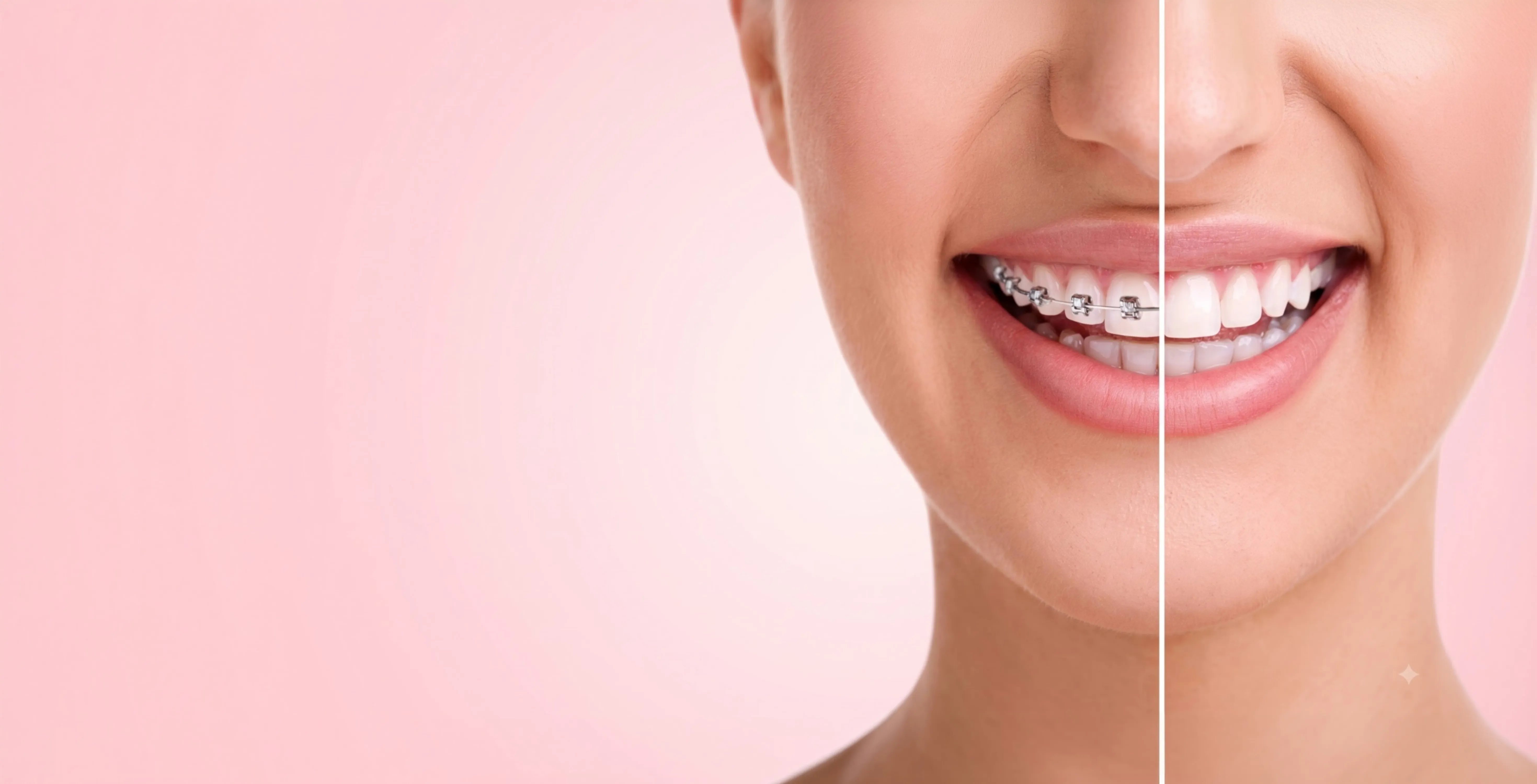 Split view of a smile with metal braces and the straight result