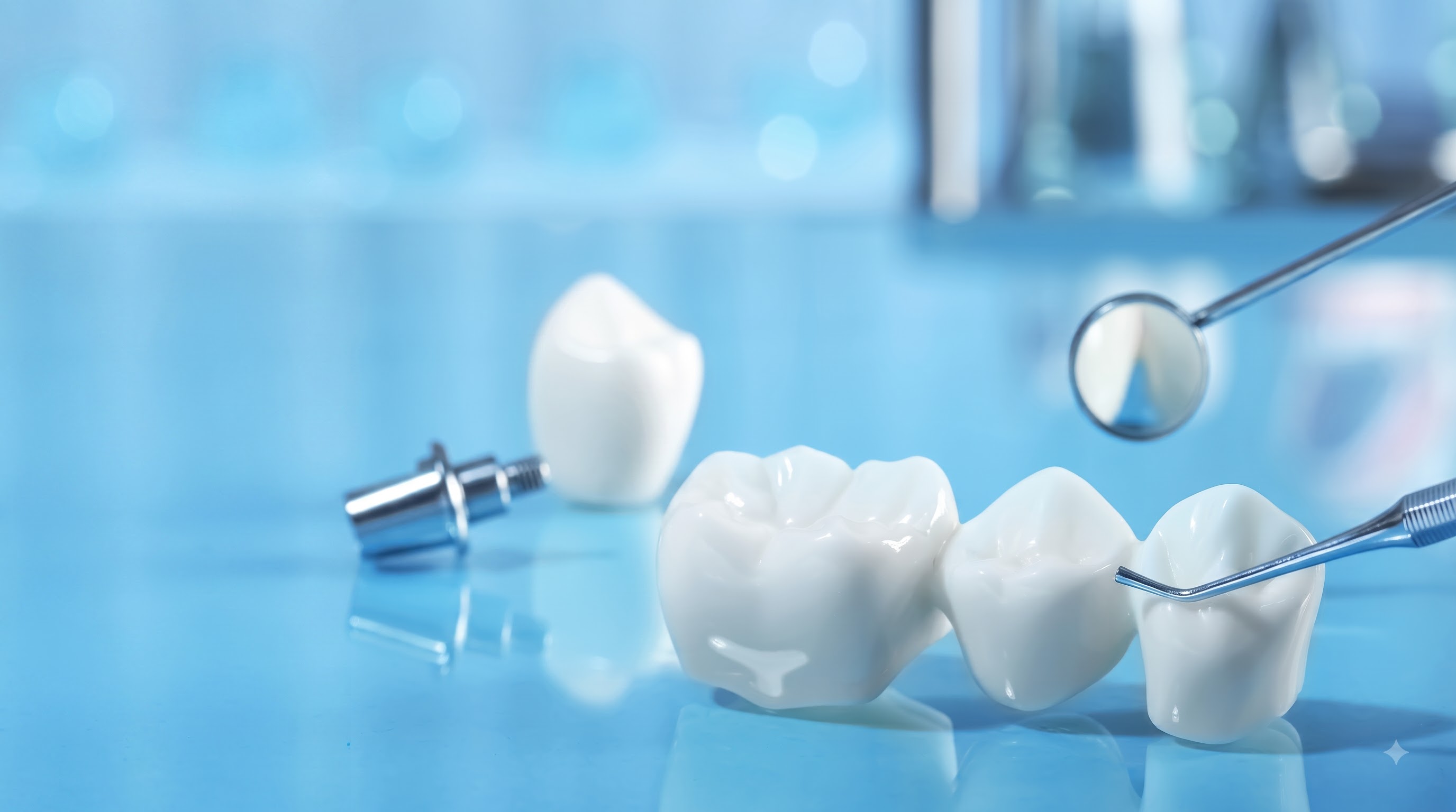 Porcelain dental crowns and a dental bridge with dental mirror and probe