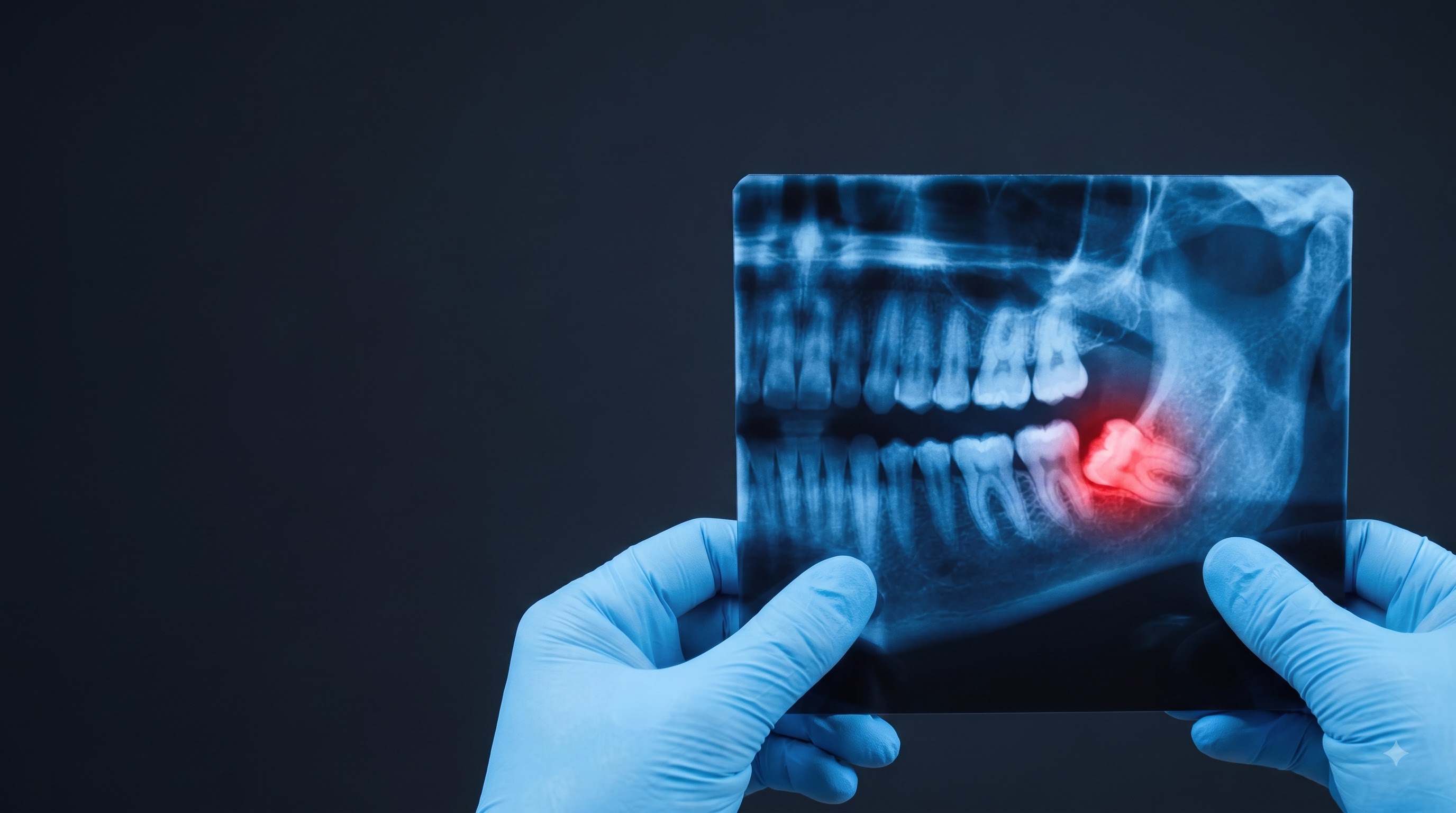 Dentist holding a panoramic X-ray highlighting an impacted wisdom tooth
