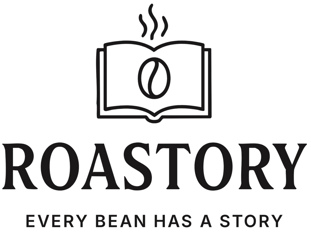 Roastery-logo met koffieboon en tekst "Every Bean Has A Story".